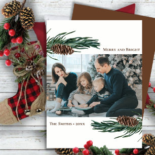 Cartes Pour Fêtes Annuelles Pin vert rustique Bouton de cône Aquarelle Florale