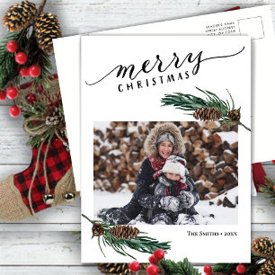 Cartes Pour Fêtes Annuelles Pin vert rustique Bouton de cône Aquarelle Florale