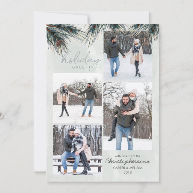 Cartes Pour Fêtes Annuelles Pine Boughs Aquarelle VACANCES 4 Photos (Devant)