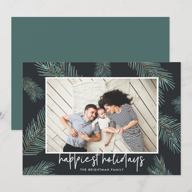 Cartes Pour Fêtes Annuelles Pine Boughs | Happy Holidays Photo (Devant / Derrière)