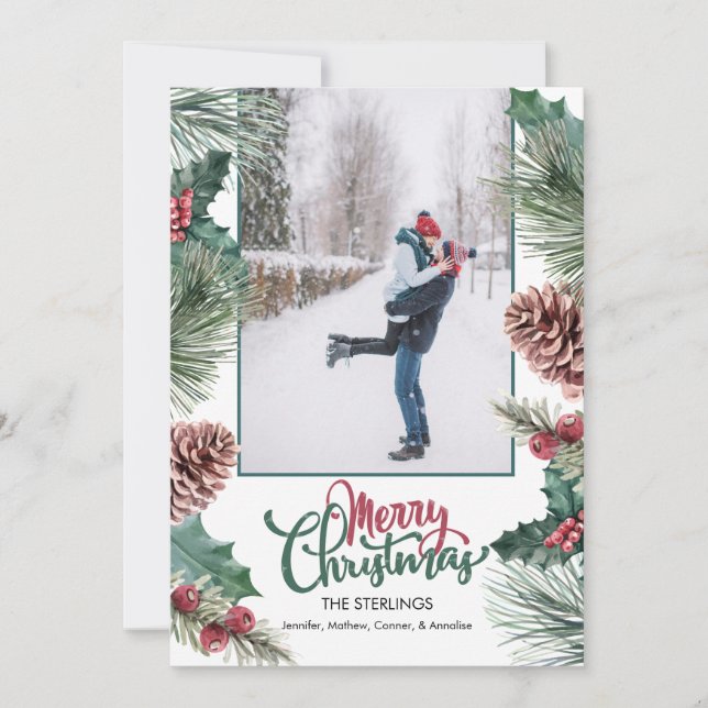 Cartes Pour Fêtes Annuelles Pine Cone Holly Branche Photo Joyeux Noël (Devant)