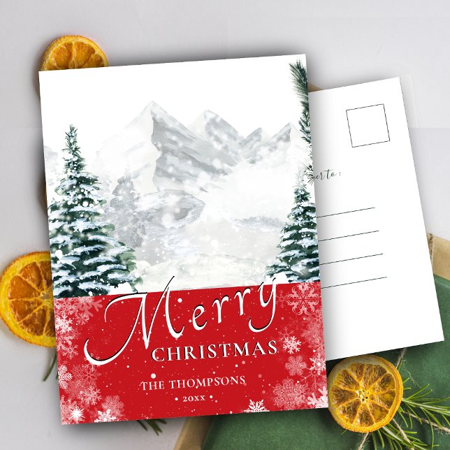 Cartes Pour Fêtes Annuelles Pine rouge moderne Snowflakes Bokeh Chic Script (Créateur téléchargé)