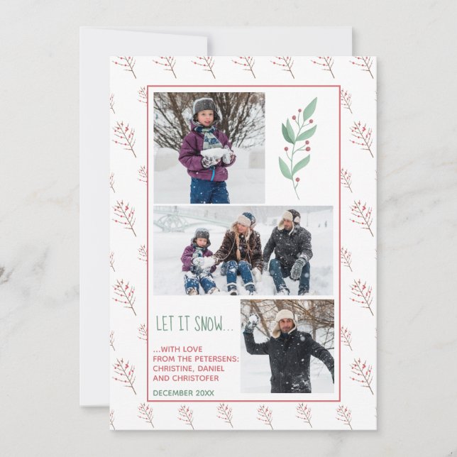 Cartes Pour Fêtes Annuelles Pine vert rose baies famille photo vacances (Devant)