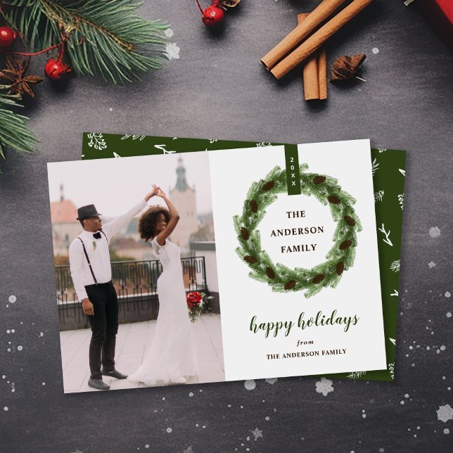 Cartes Pour Fêtes Annuelles Pine Wreath Happy Holidays Photo (Créateur téléchargé)