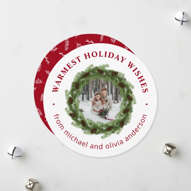 Cartes Pour Fêtes Annuelles Pine Wreath Joyeux Cercle de Noël Photo (Devant/Arrière en situation)