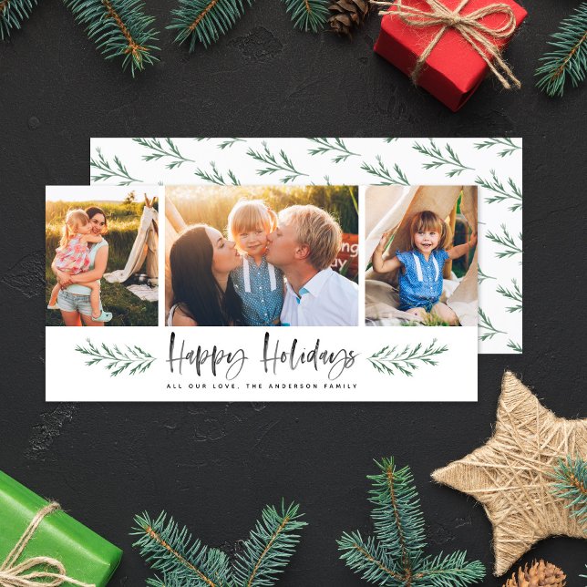 Cartes Pour Fêtes Annuelles Pineneedle Happy Holidays Modern 3 Photo Collage (Créateur téléchargé)