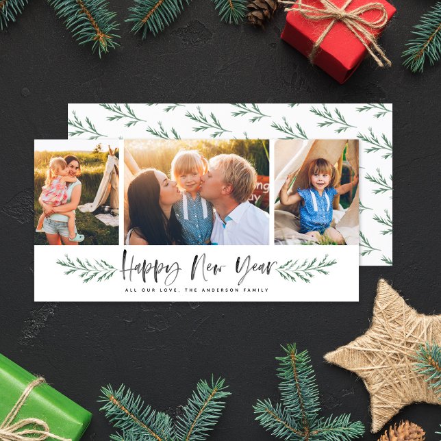 Cartes Pour Fêtes Annuelles Pineneedle Joyeux Nouvel An Moderne 3 Photo Collag (Créateur téléchargé)