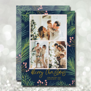Cartes Pour Fêtes Annuelles Pines Berries Multi Photo Marine Bleu Noël