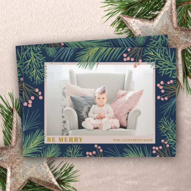 Cartes Pour Fêtes Annuelles Pines Berries sur Navy Photo (Créateur téléchargé)