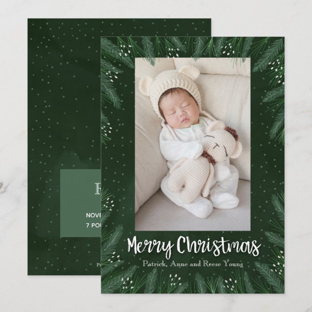 Cartes Pour Fêtes Annuelles Pines Noël Photo de Naissance Annonces (Devant / Derrière)