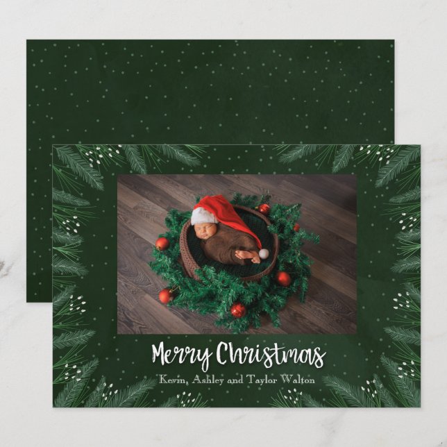 Cartes Pour Fêtes Annuelles Pines Noël Photo de Naissance Annonces (Devant / Derrière)