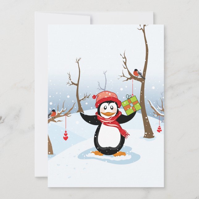 Cartes Pour Fêtes Annuelles Pingouin avec cadeau de Noël paysage d'hiver (Devant)
