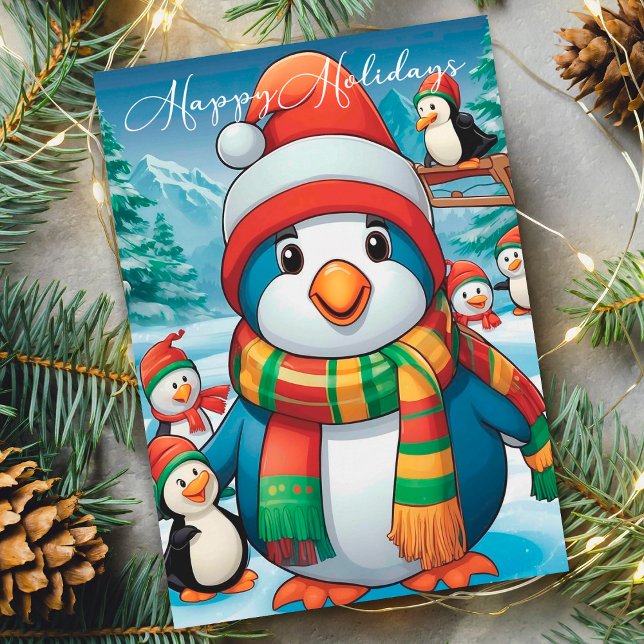Cartes Pour Fêtes Annuelles Pingouin de Noël cosy avec Festif Scarf (Créateur téléchargé)