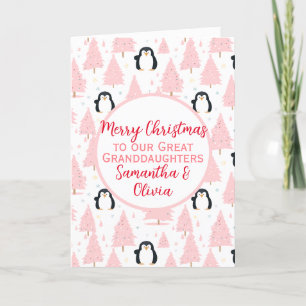 Cartes Pour Fêtes Annuelles Pingouin de Noël magnifique petite-fille rose