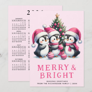 Cartes Pour Fêtes Annuelles Pingouin de Noël rose et joyeux