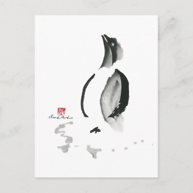 Cartes Pour Fêtes Annuelles Pingouin de Noël, Sumi-e (Devant)