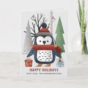 Cartes Pour Fêtes Annuelles Pingouin d'hiver et arbres photo de Noël pliée