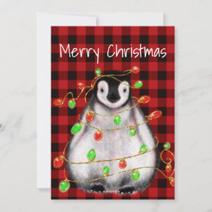 Cartes Pour Fêtes Annuelles Pingouin festif de vacances, lumières rouge scinti