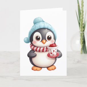Cartes Pour Fêtes Annuelles Pingouin mignon avec Snack/Snowball BLANC