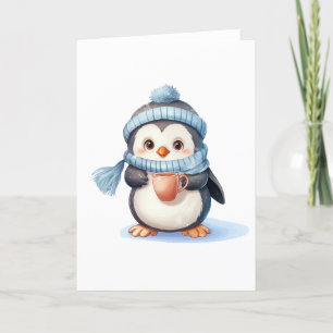 Cartes Pour Fêtes Annuelles Pingouin mignon avec vêtements d'hiver et COUPE BL