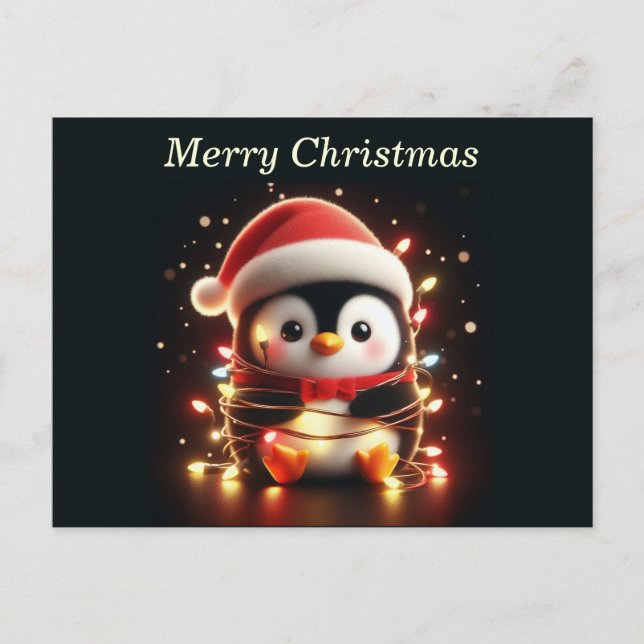 Cartes Pour Fêtes Annuelles Pingouin mignon enveloppé dans les lumières de Noë (Devant)