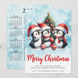 Cartes Pour Fêtes Annuelles Pingouins mignons bleus et rouges modernes Joyeux 