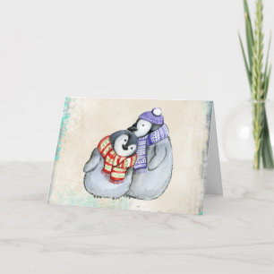 Cartes Pour Fêtes Annuelles Pingouins mignons en Écharpes d'hiver et Noël Casq
