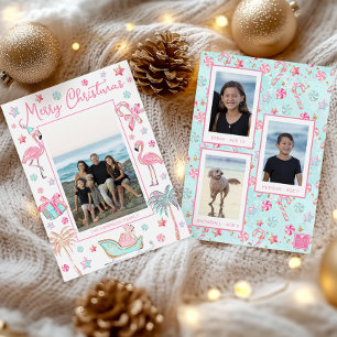 Cartes Pour Fêtes Annuelles Pink & Aqua Flamant rose Beach Photo de Noël