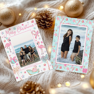 Cartes Pour Fêtes Annuelles Pink & Aqua Flamant rose Beach Photo de Noël