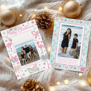 Cartes Pour Fêtes Annuelles Pink & Aqua Flamant rose Beach Photo de Noël