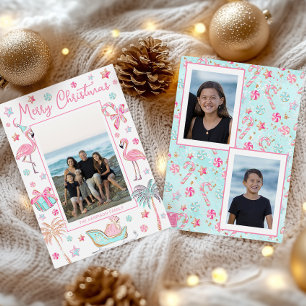 Cartes Pour Fêtes Annuelles Pink & Aqua Flamant rose Beach Photo de Noël