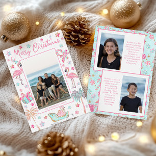 Cartes Pour Fêtes Annuelles Pink & Aqua Flamant rose Beach Photo de Noël