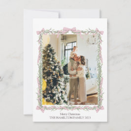 Cartes Pour Fêtes Annuelles Pink Bow Green Garland Backside Message