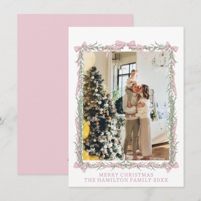 Cartes Pour Fêtes Annuelles Pink Bow Green Garland Gingham Christmas Photo  (Devant / Derrière)