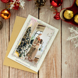 Cartes Pour Fêtes Annuelles Pink Bow Green Garland Photo de Noël