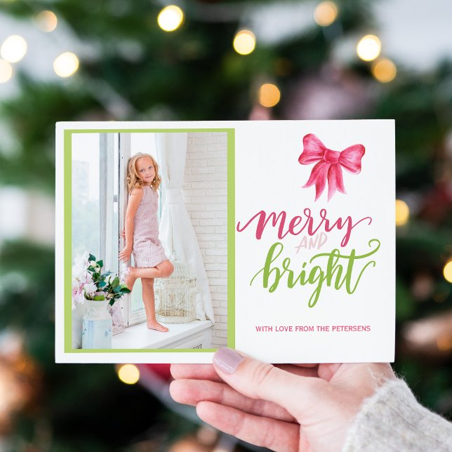 Cartes Pour Fêtes Annuelles Pink bow green Merry et Bright Christmas photo (Créateur téléchargé)