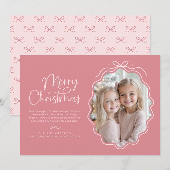 Cartes Pour Fêtes Annuelles Pink Bow Wavy Photo Noël (Devant / Derrière)