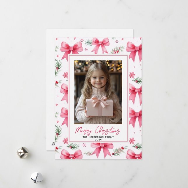 Cartes Pour Fêtes Annuelles Pink Bows Custom Christmas Photo & Nom (Devant/Arrière en situation)