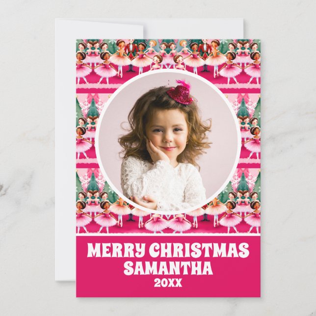 Cartes Pour Fêtes Annuelles Pink Christmas Nutcracker Ballerina Enfants Photo (Devant)