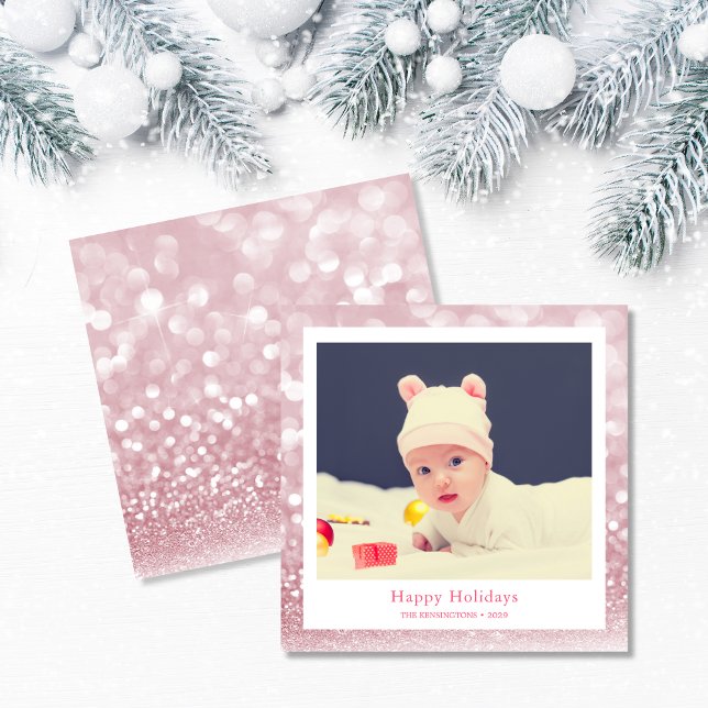 Cartes Pour Fêtes Annuelles Pink Cute Holiday Baby Photo (Baby Girl’s First Christmas Square Photo Card)