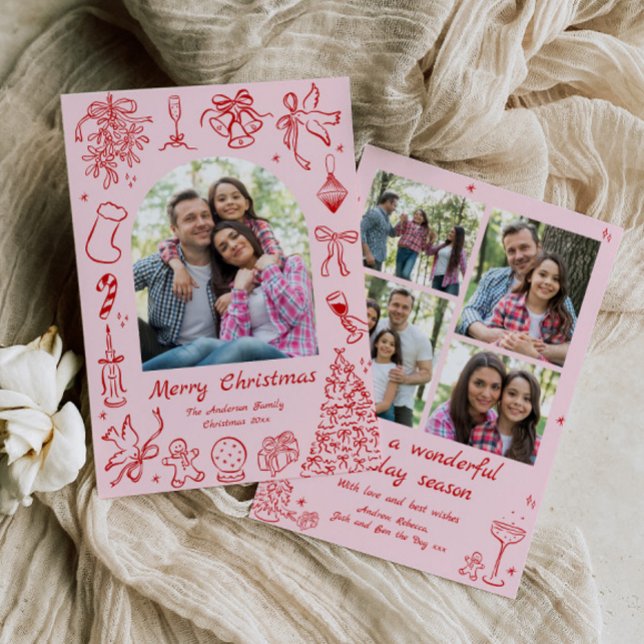 Cartes Pour Fêtes Annuelles Pink Doodle Christmas Card Trendy Quirky Photo Fun (Créateur téléchargé)