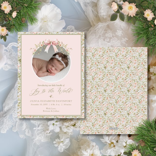 Cartes Pour Fêtes Annuelles Pink Floral Nouveau-né Photo Noël (This feminine Christmas card birth announcement is perfect for welcoming a baby girl at the holidays)
