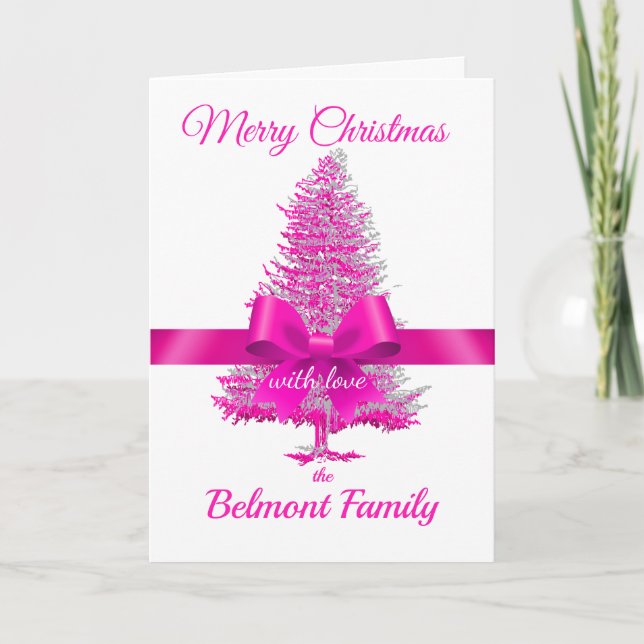 Cartes Pour Fêtes Annuelles Pink Fuchsia Holiday Tree Ribbon Bow Nom personnal (Devant)