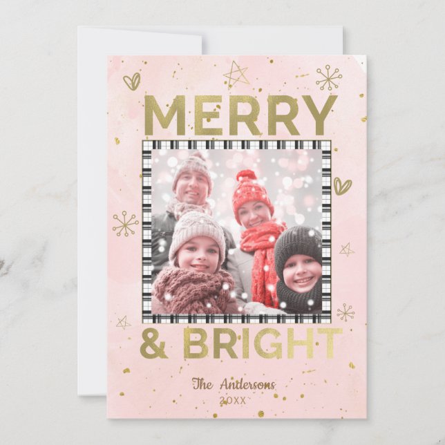 Cartes Pour Fêtes Annuelles Pink Gold MERRY & BRIGHT Holiday Doodle Photo (Devant)