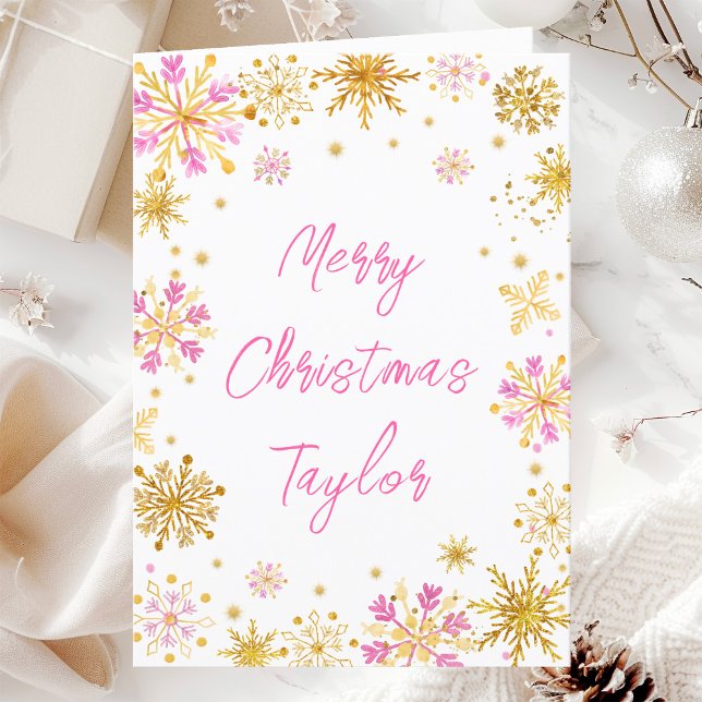Cartes Pour Fêtes Annuelles Pink Gold Snowflakes Joyeux Noël avec nom (Créateur téléchargé)