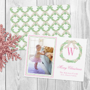 Cartes Pour Fêtes Annuelles Pink & Green Christmas Bow Wreath Monogramme photo