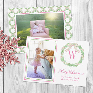 Cartes Pour Fêtes Annuelles Pink & Green Christmas Bow Wreath Monogramme photo