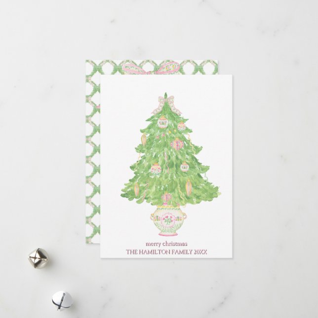 Cartes Pour Fêtes Annuelles Pink & Green Coquette Bow Preppy Noël (Devant/Arrière en situation)