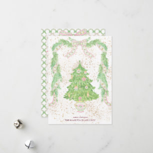 Cartes Pour Fêtes Annuelles Pink & Green Coquette Bow Preppy Noël