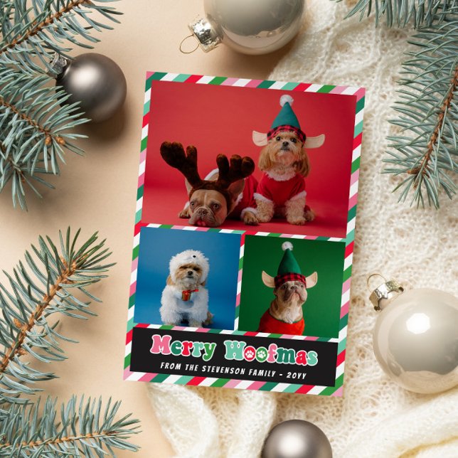 Cartes Pour Fêtes Annuelles Pink Green Retro Merry Woofmas Photo Collage (Créateur téléchargé)